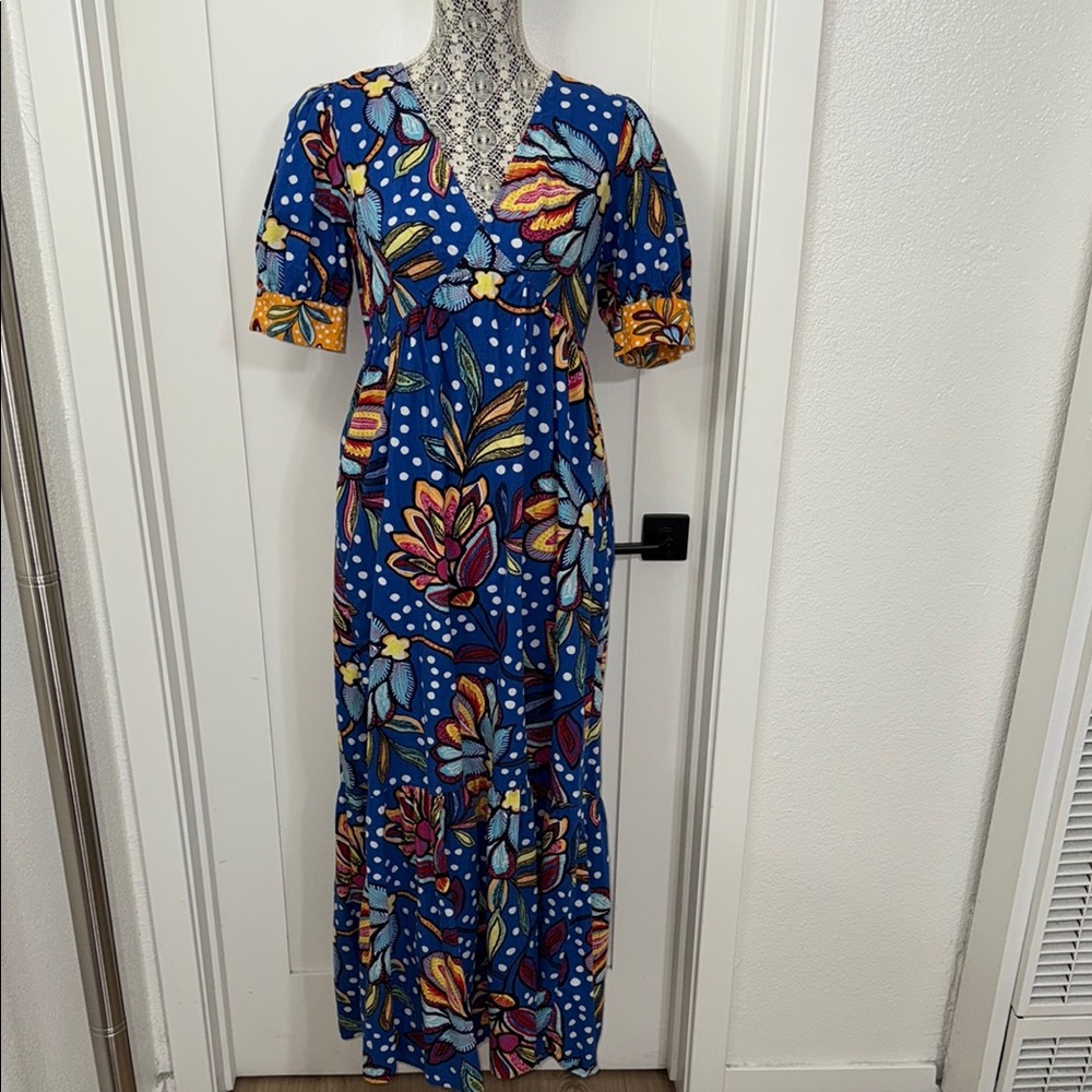 Tabitha Brown Floral Polka Dot Maxi Dress Puff Sleeve Boho Vibrant Womens Size 6